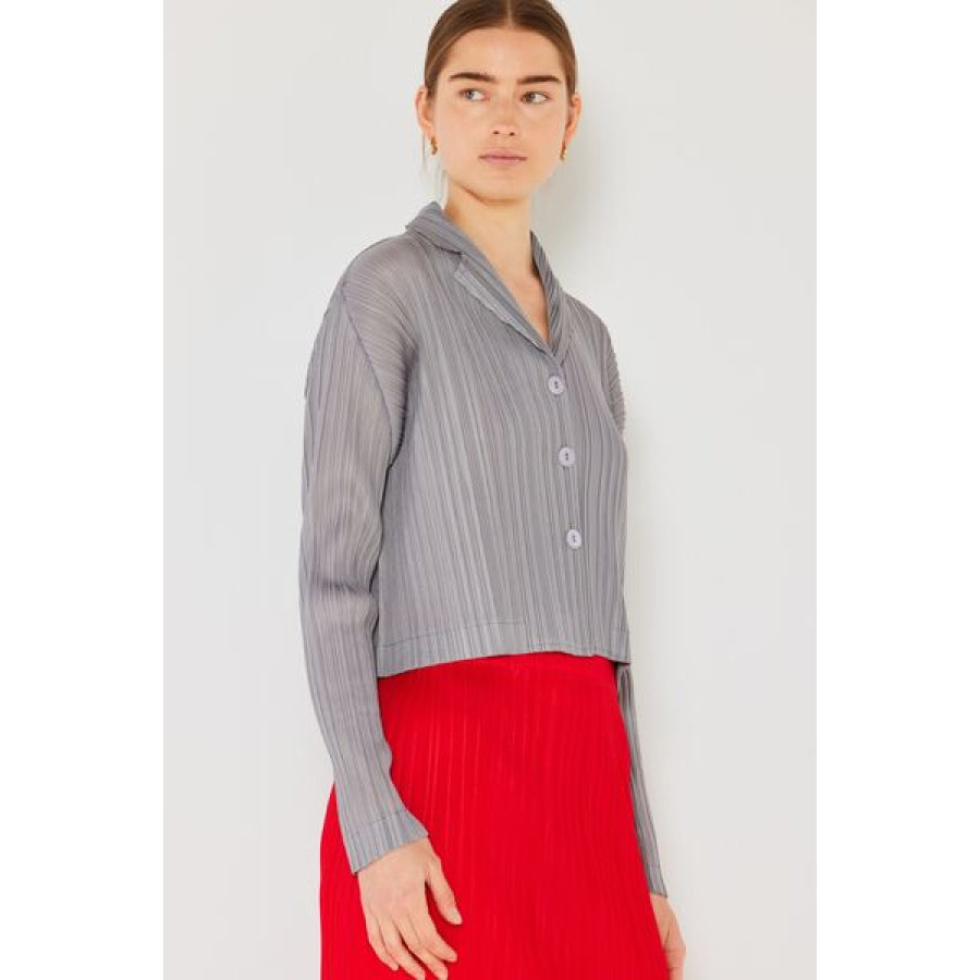 Marina West Swim Pleated Cropped Button Up Shirt Apparel and Accessories