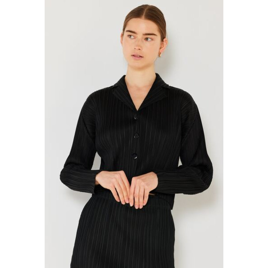 Marina West Swim Pleated Cropped Button Up Shirt Black / S/M Apparel and Accessories