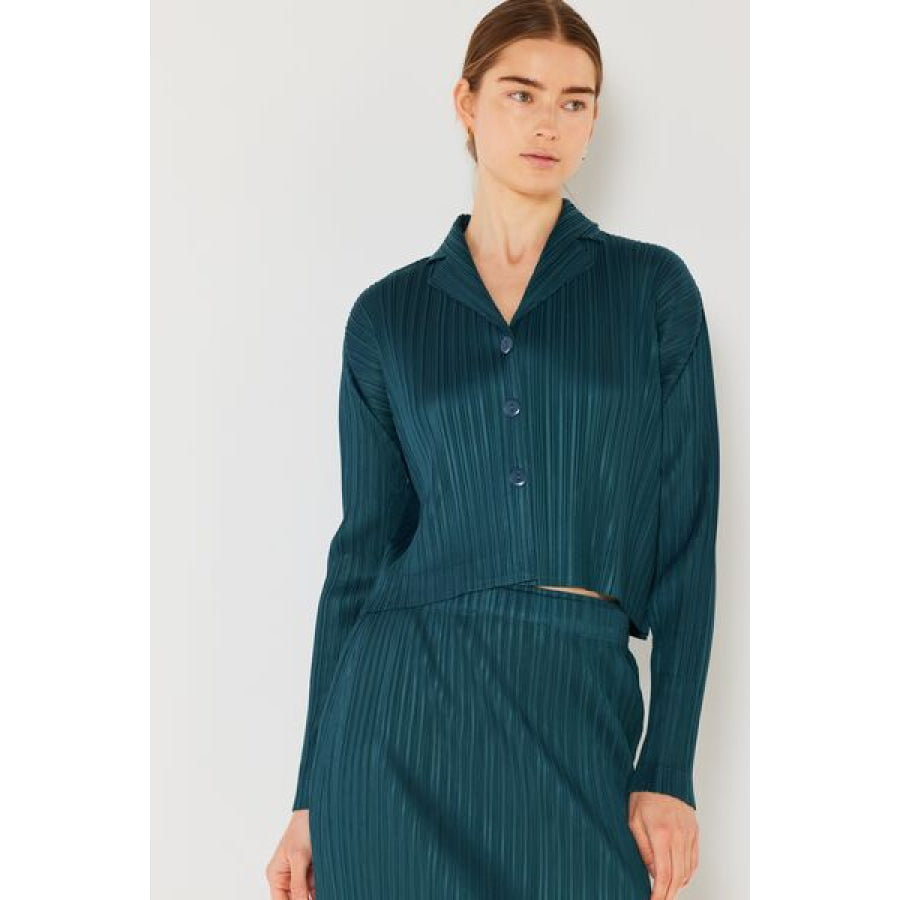 Marina West Swim Pleated Cropped Button Up Shirt Deep Green / S/M Apparel and Accessories