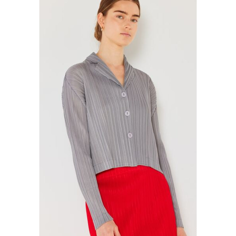 Marina West Swim Pleated Cropped Button Up Shirt Gray / S/M Apparel and Accessories