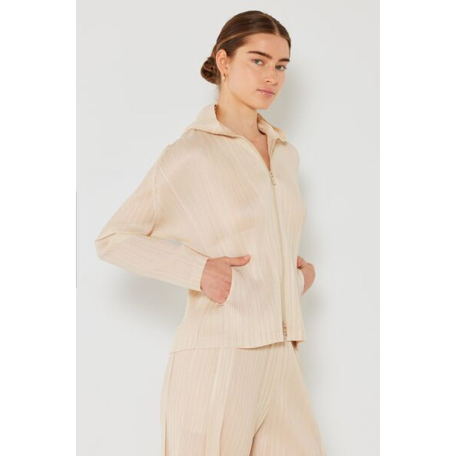 Marina West Swim Pleated Hood Jacket with 2 Way Zipper Beige / S/M Apparel and Accessories