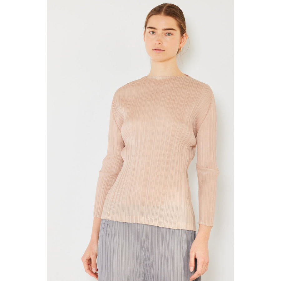 Marina West Swim Pleated Long Sleeve Boatneck Top Beige / S/M Apparel and Accessories