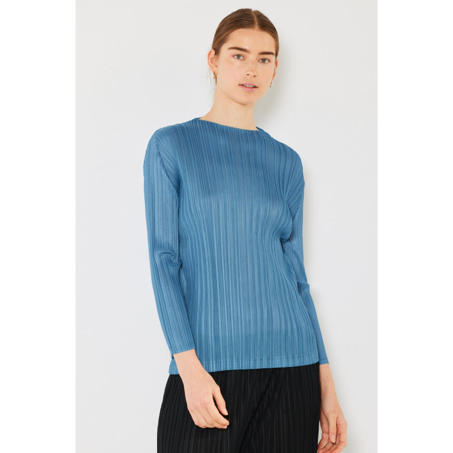 Marina West Swim Pleated Long Sleeve Boatneck Top Steel Blue / S/M Apparel and Accessories