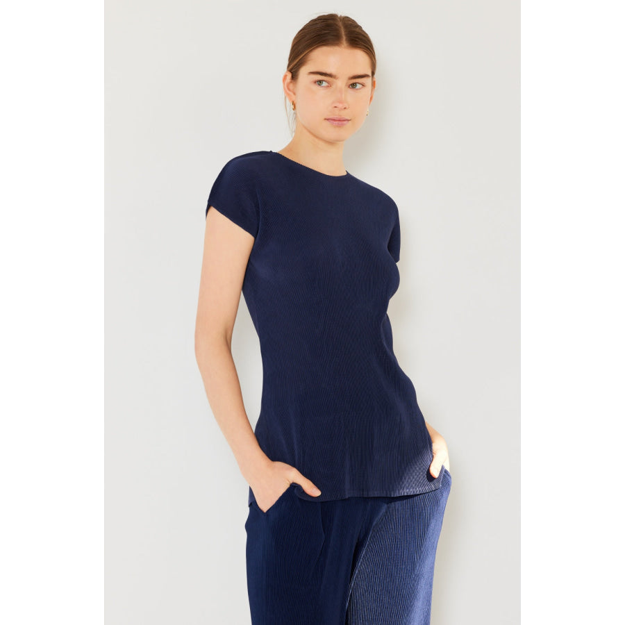 Marina West Swim Rib Pleated Cap Sleeve Top Navy / S/M Apparel and Accessories