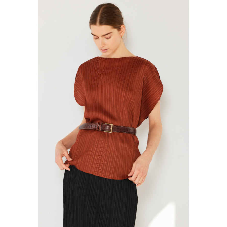 Marina West Swim Rib Pleated Oversized Dolman Sleeve Top Brown / One Size Apparel and Accessories