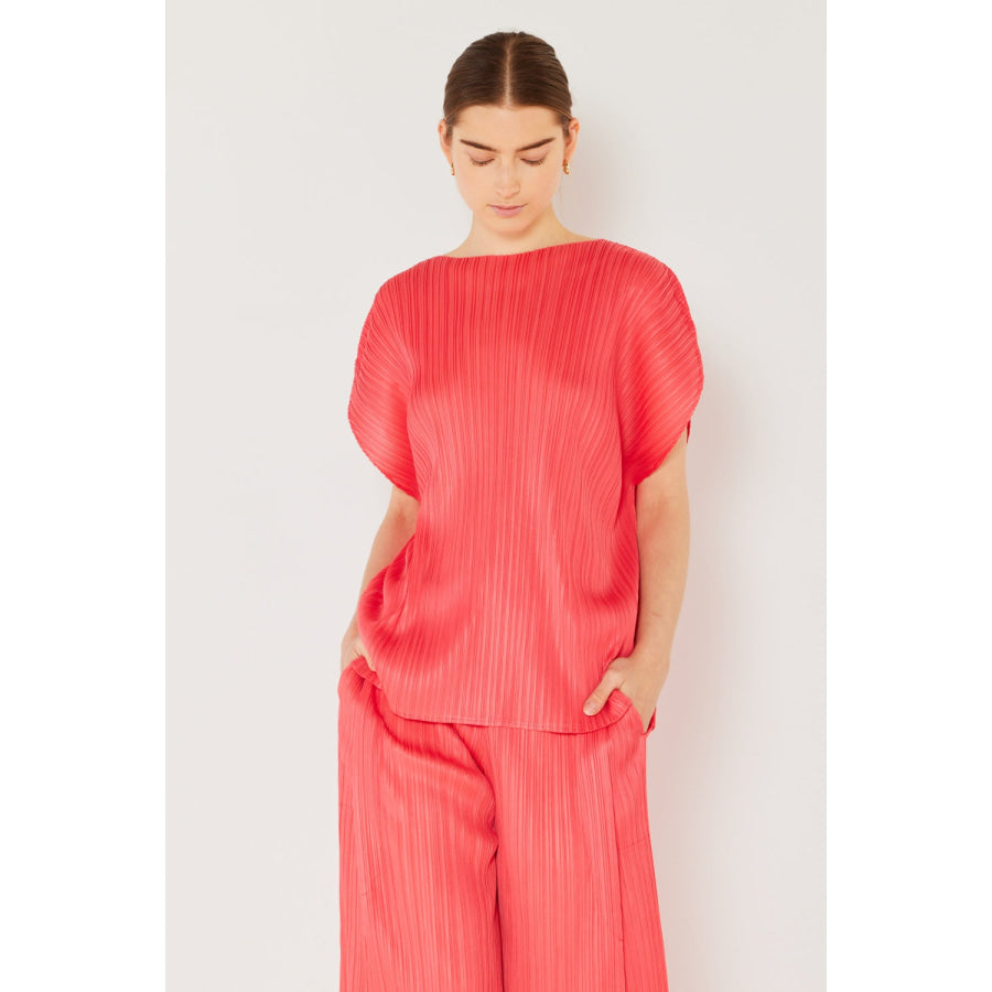 Marina West Swim Rib Pleated Oversized Dolman Sleeve Top Rubine Red / One Size Apparel and Accessories