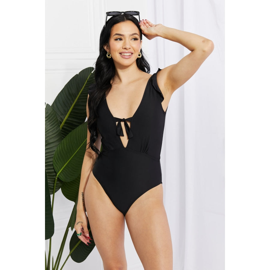 Marina West Swim Seashell Ruffle Sleeve One-Piece in Black Black / S