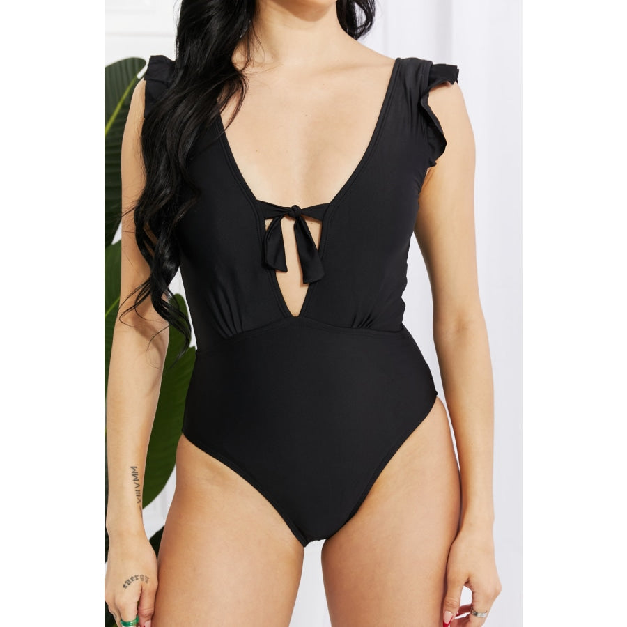 Marina West Swim Seashell Ruffle Sleeve One-Piece in Black