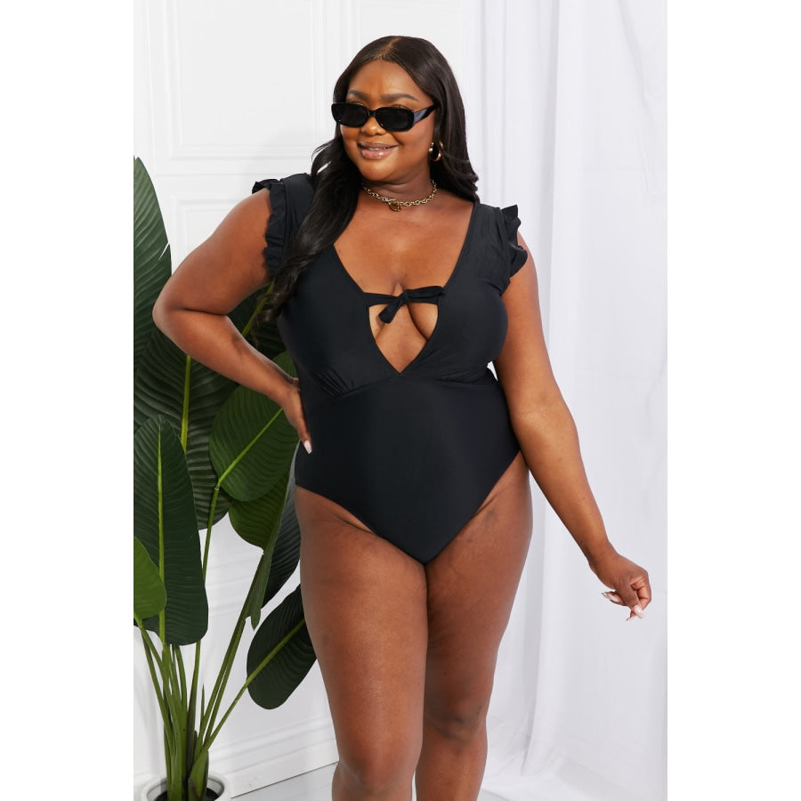 Marina West Swim Seashell Ruffle Sleeve One-Piece in Black