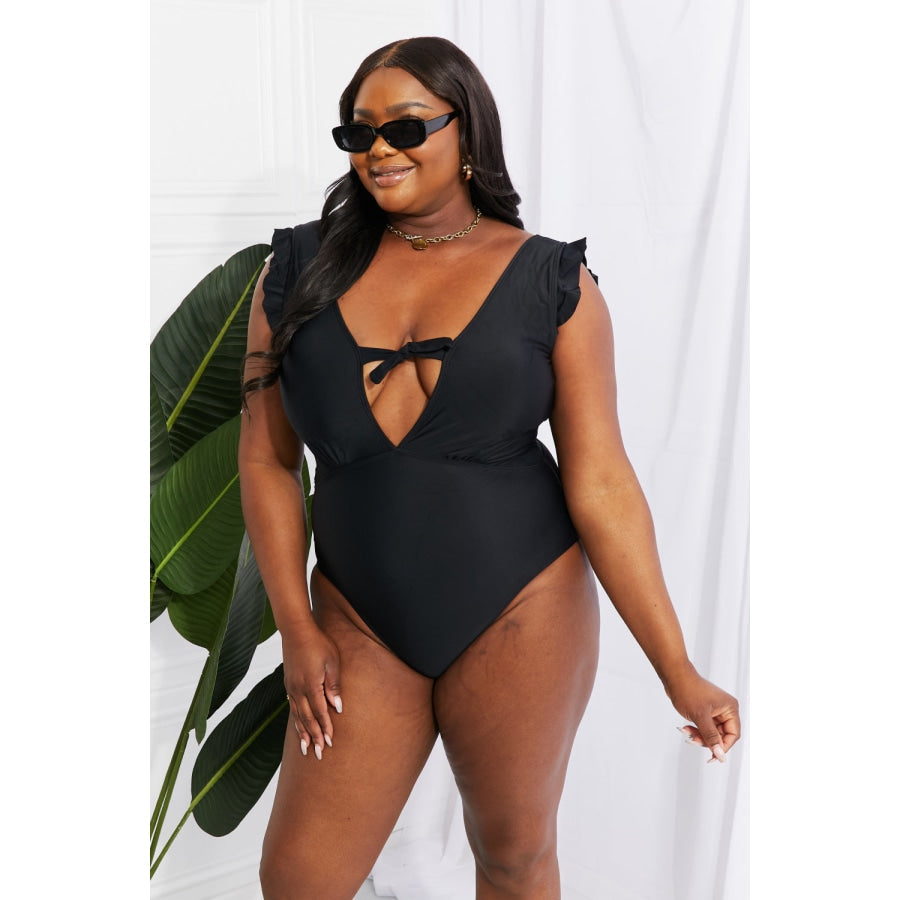 Marina West Swim Seashell Ruffle Sleeve One-Piece in Black