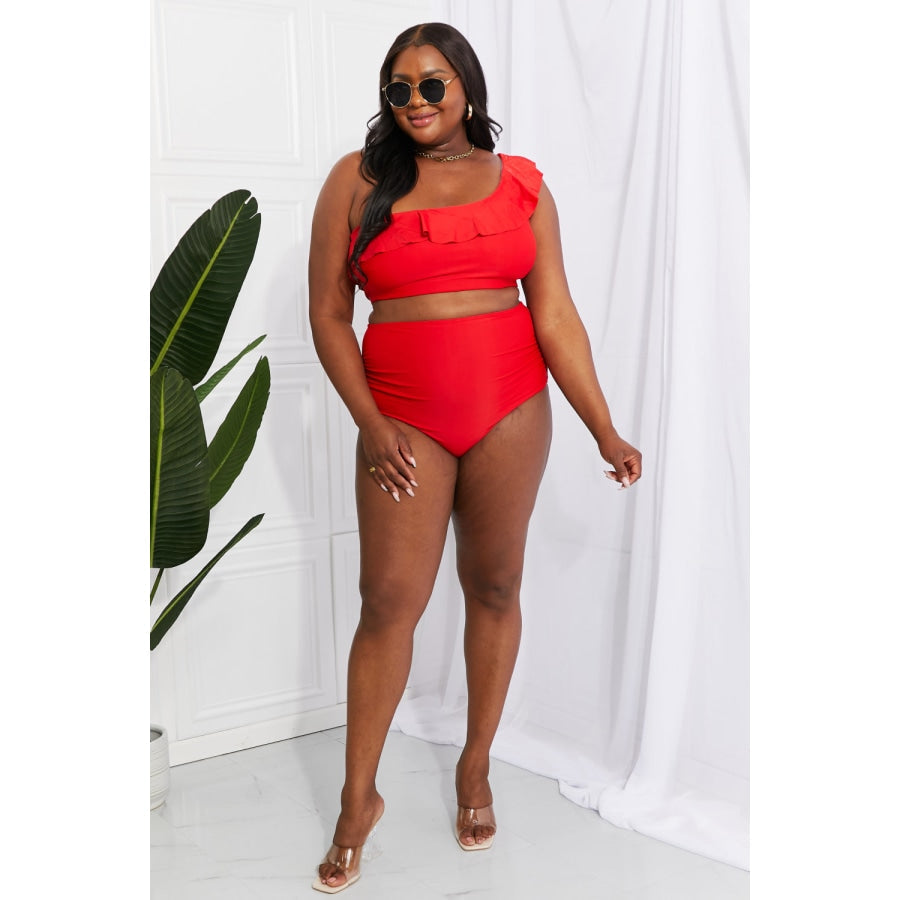 Red ruffle one piece on sale swimsuit