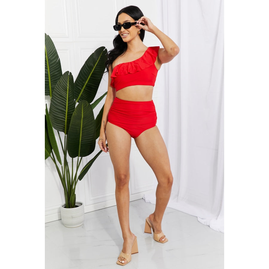 Marina West Swim Seaside Romance Ruffle One-Shoulder Bikini in Red