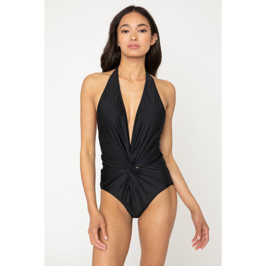 Marina West Swim Twisted Plunge Halter One Piece Swimsuit Apparel and Accessories
