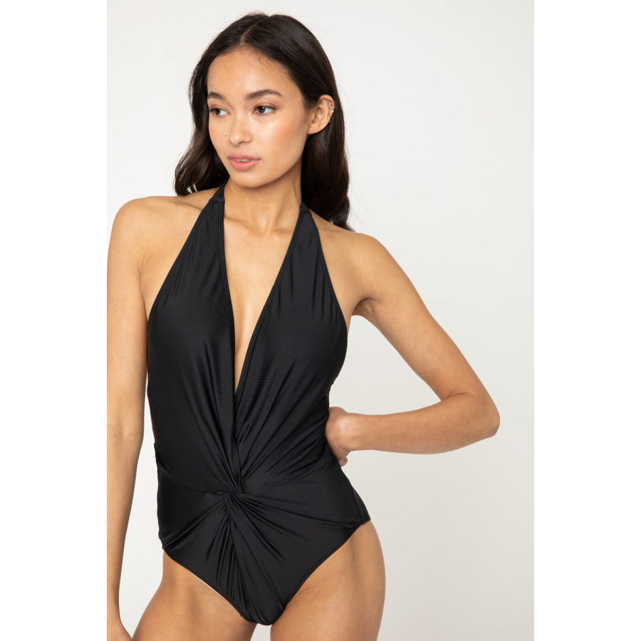 Marina West Swim Twisted Plunge Halter One Piece Swimsuit Apparel and Accessories