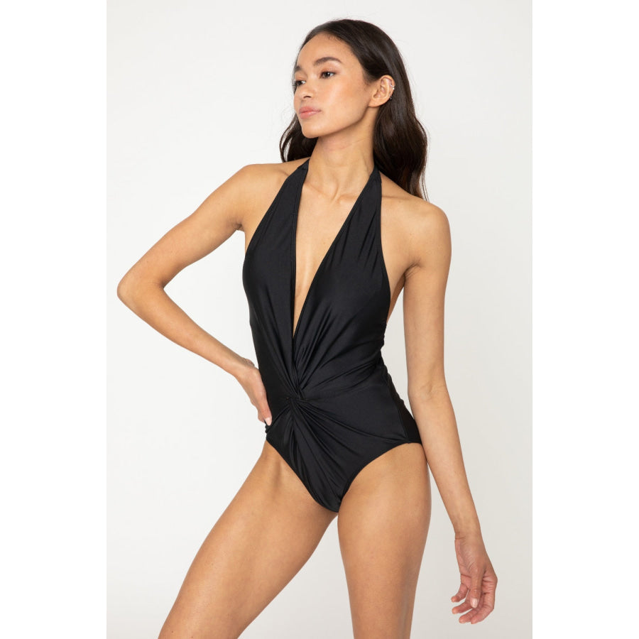 Marina West Swim Twisted Plunge Halter One Piece Swimsuit Black / S Apparel and Accessories
