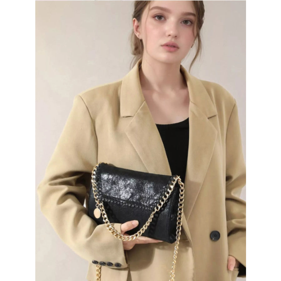 Matte PU Leather Textured Chain-Strap Shoulder Bag Black / onesize Apparel and Accessories