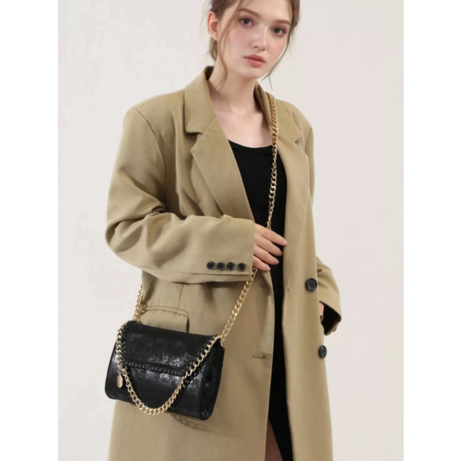 Matte PU Leather Textured Chain-Strap Shoulder Bag Black / onesize Apparel and Accessories