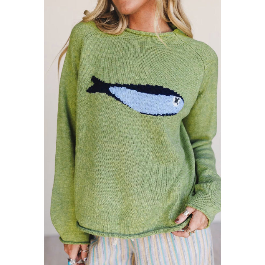 Meadow Mist Green Unique Fish Knit Oversized Round Neck Sweater Meadow Mist Green / S / 52% Viscose + 26% Polyester + 22% Polyamide