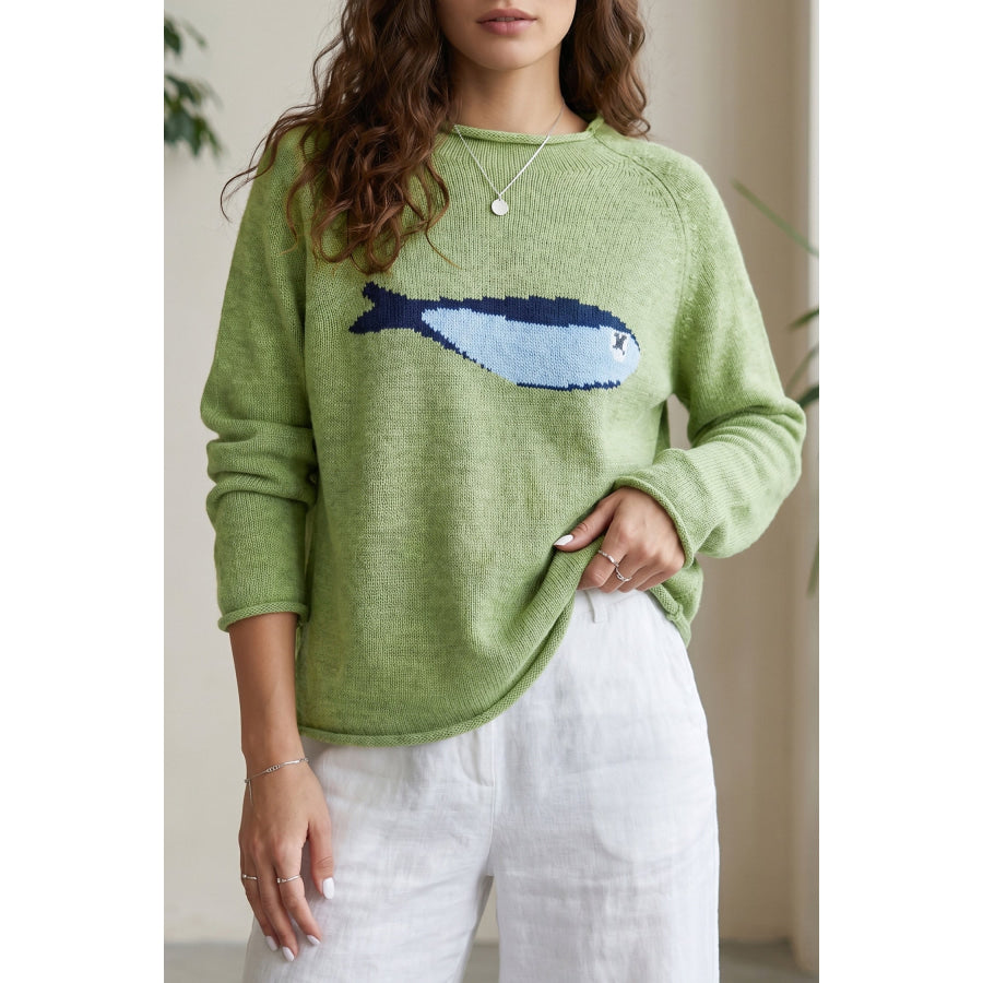 Meadow Mist Green Unique Fish Knit Oversized Round Neck Sweater Sweaters & Cardigans/Sweaters