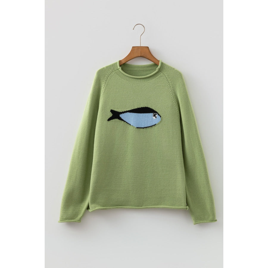 Meadow Mist Green Unique Fish Knit Oversized Round Neck Sweater Sweaters & Cardigans/Sweaters