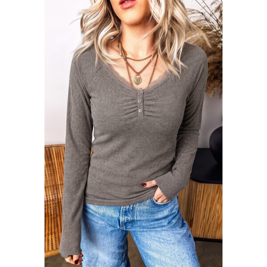 Medium Grey Solid Color Ribbed Lace Trim V-Neck Button Detail Long Sleeve Top Medium Grey / S Tops/Long Sleeve Tops