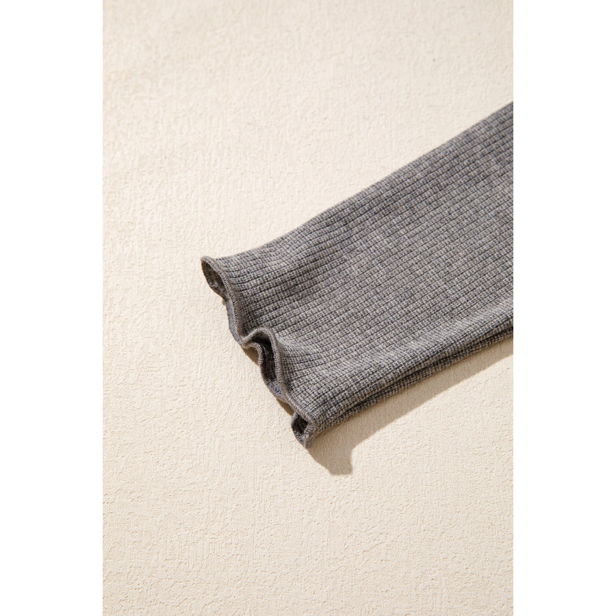 Medium Grey Solid Color Ribbed Lace Trim V-Neck Button Detail Long Sleeve Top Tops/Long Sleeve Tops