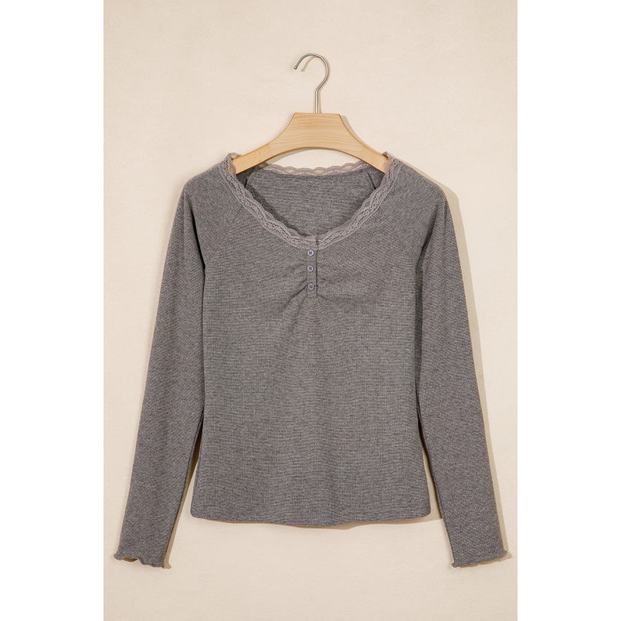 Medium Grey Solid Color Ribbed Lace Trim V-Neck Button Detail Long Sleeve Top Tops/Long Sleeve Tops