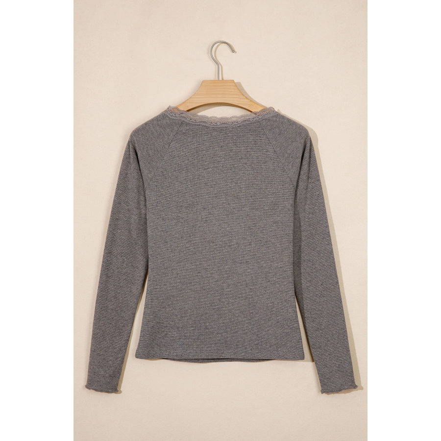 Medium Grey Solid Color Ribbed Lace Trim V-Neck Button Detail Long Sleeve Top Tops/Long Sleeve Tops