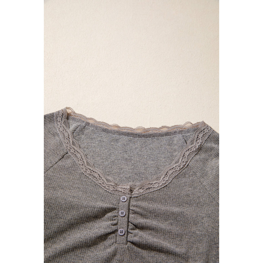 Medium Grey Solid Color Ribbed Lace Trim V-Neck Button Detail Long Sleeve Top Tops/Long Sleeve Tops