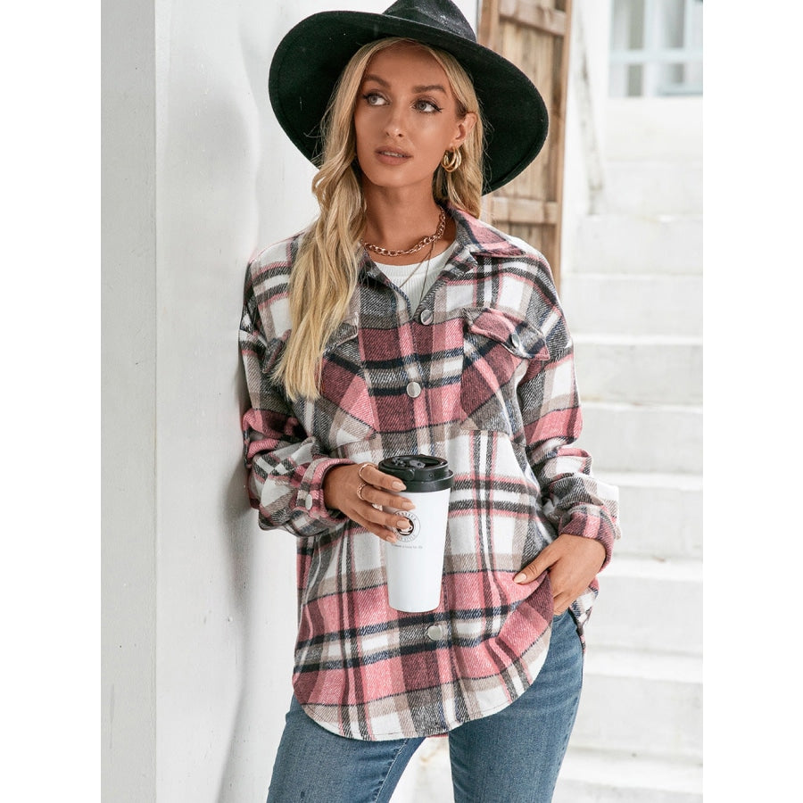 Meet You Outside Plaid Button Down Curved Hem Shacket Blush Pink / S