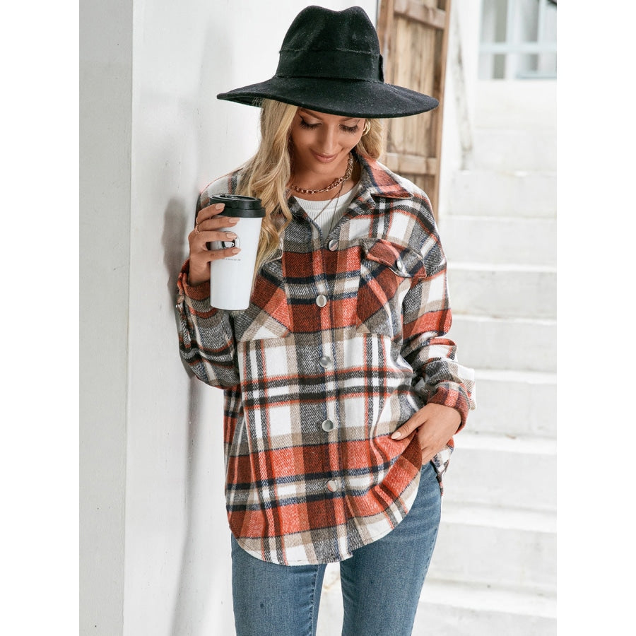 Meet You Outside Plaid Button Down Curved Hem Shacket Orange / XL