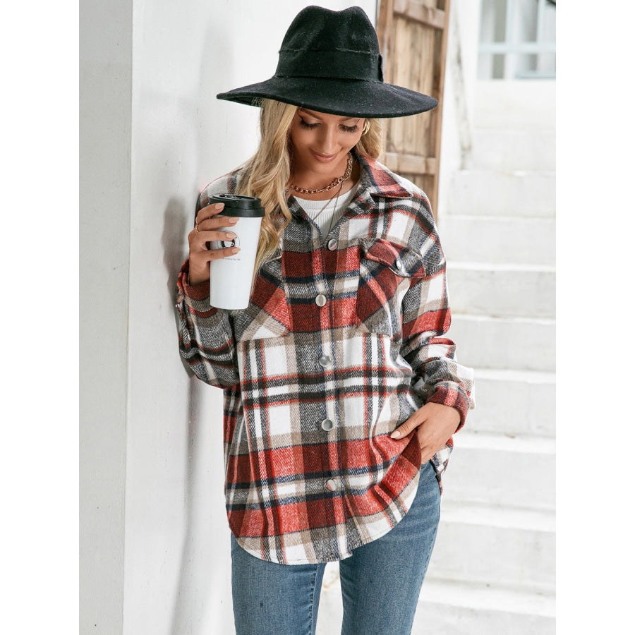 Meet You Outside Plaid Button Down Curved Hem Shacket Tangerine / S