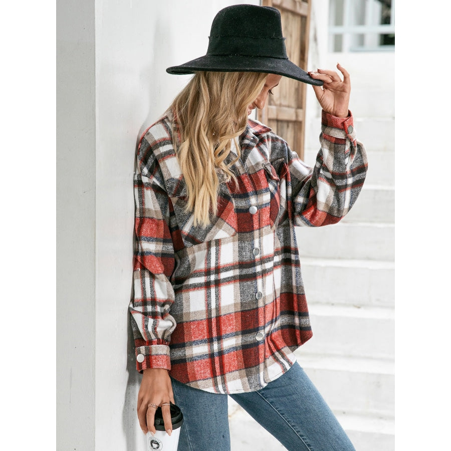 Meet You Outside Plaid Button Down Curved Hem Shacket