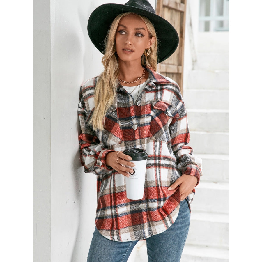 Meet You Outside Plaid Button Down Curved Hem Shacket