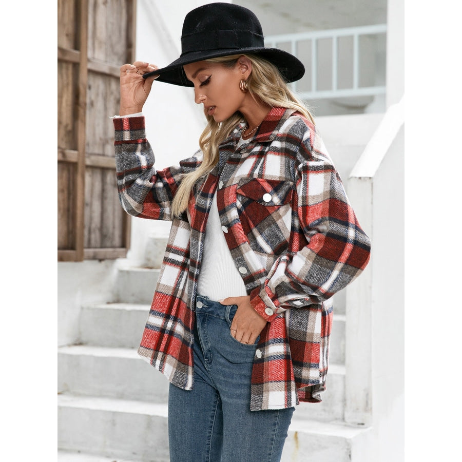 Meet You Outside Plaid Button Down Curved Hem Shacket