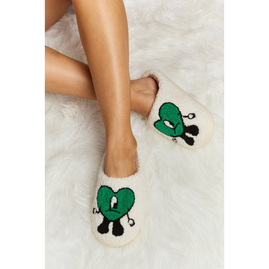 Melody Love Heart Print Plush Slippers Dark Green / S footwear