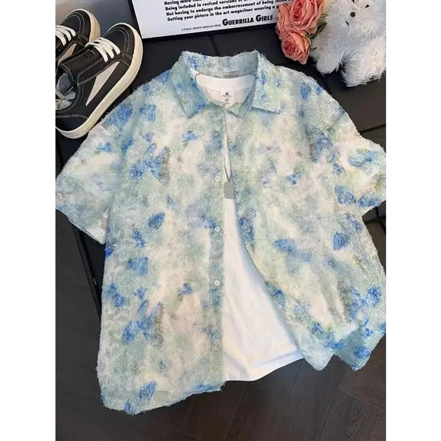 Men’s Abstract Floral Print Textured Shirt Blue / M Apparel and Accessories