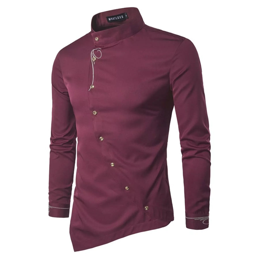 Men’s Asymmetric Button-Down Slim Fit Shirt Burgundy / S Apparel and Accessories