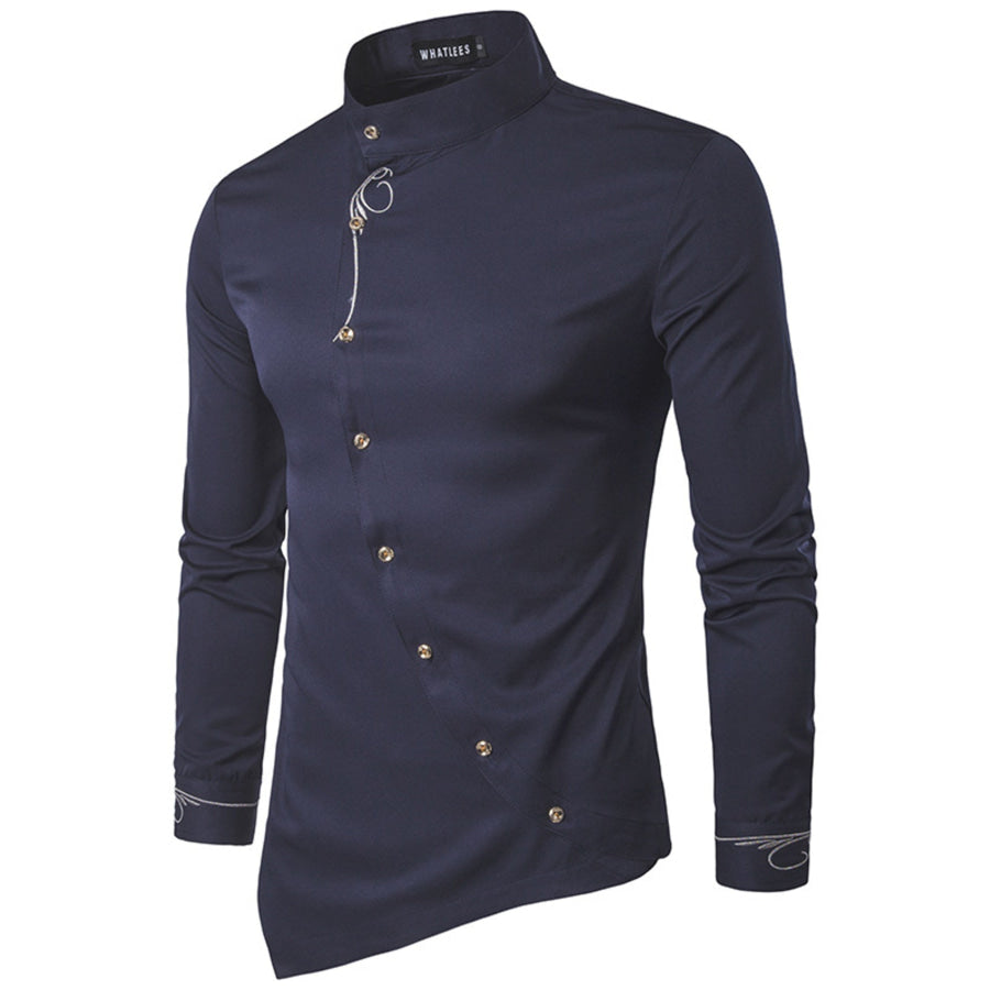 Men’s Asymmetric Button-Down Slim Fit Shirt Navy / S Apparel and Accessories