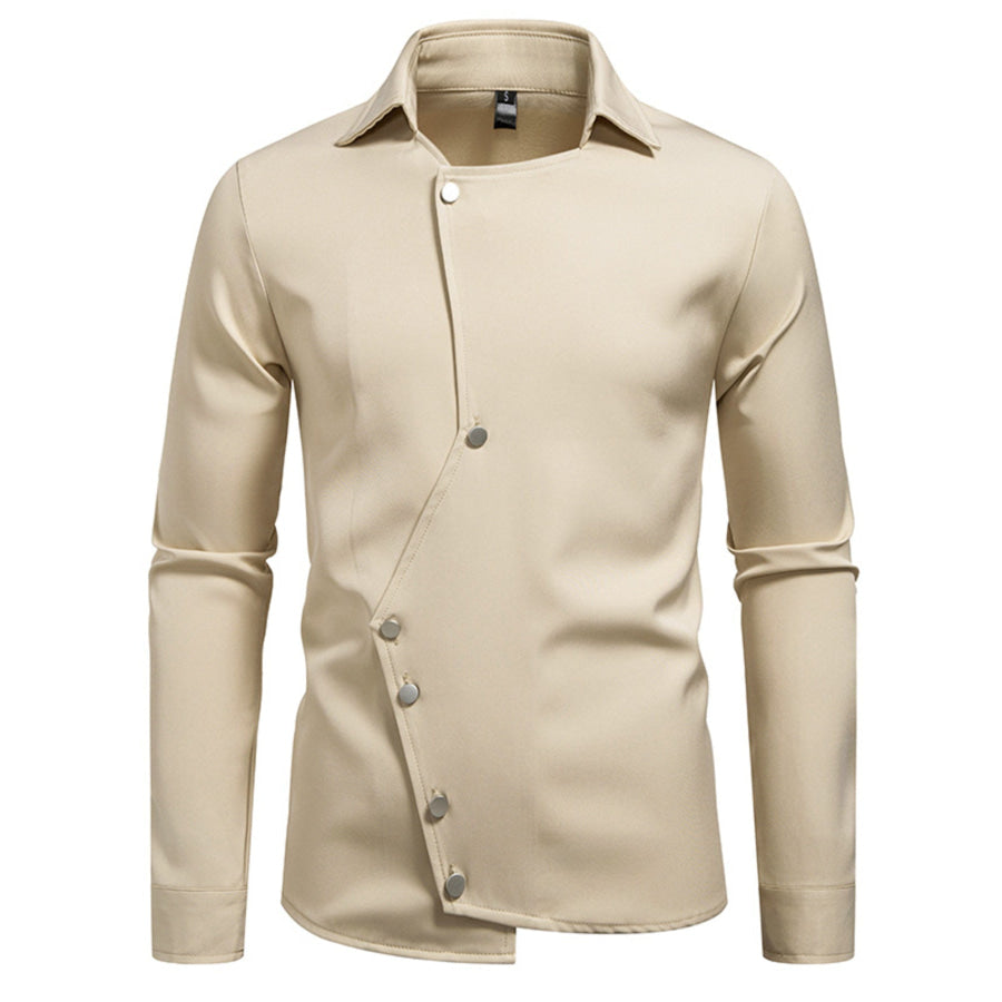 Men’s Asymmetrical Button-Down Long Sleeve Shirt Khaki / S Apparel and Accessories
