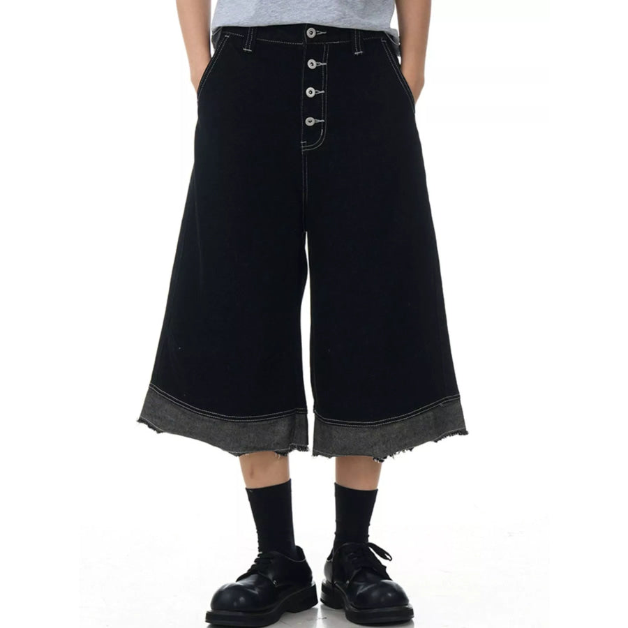 Men’s Button Fly Wide Leg Denim Capris Black / S Apparel and Accessories