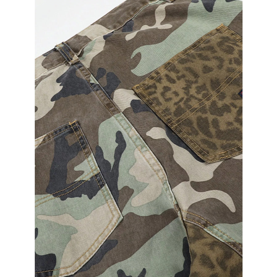 Men’s Camouflage Leopard Patchwork Cargo Pants Apparel and Accessories