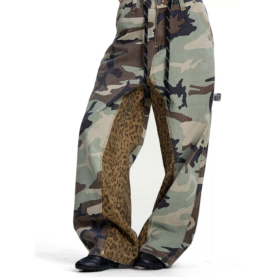 Men’s Camouflage Leopard Patchwork Cargo Pants Army Green / S Apparel and Accessories