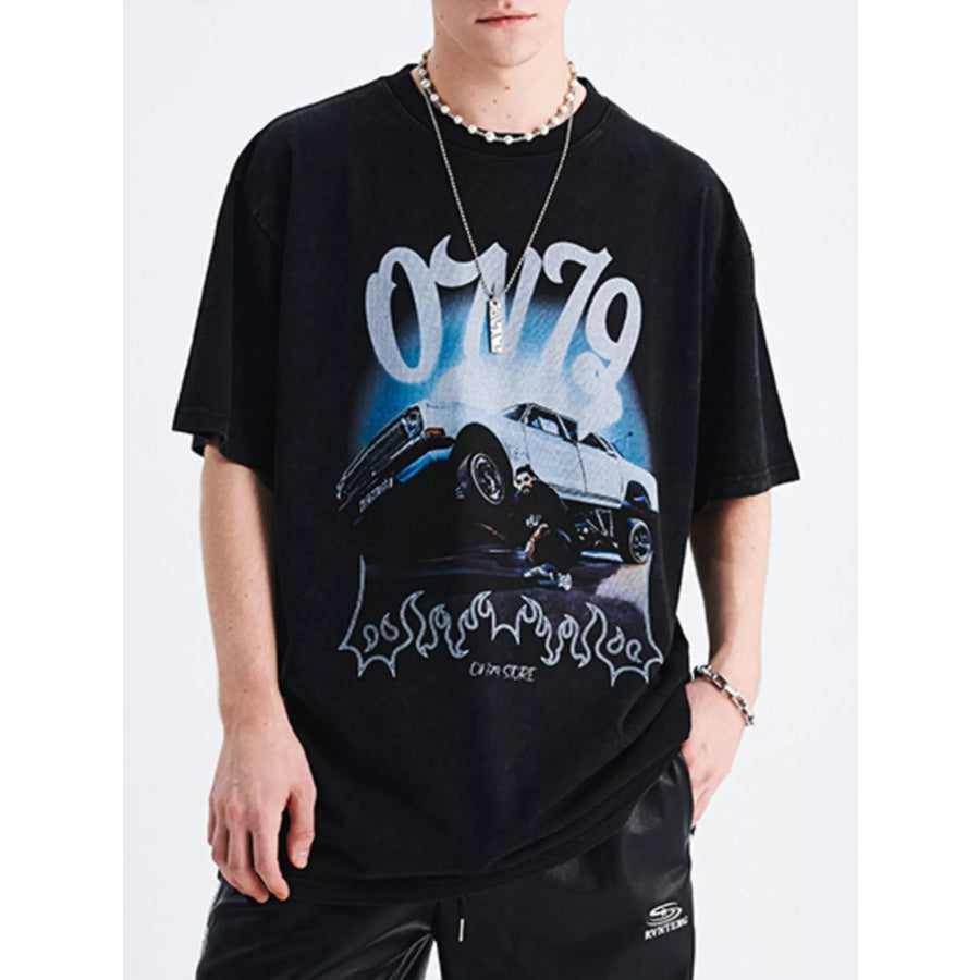 Men’s Car Graphic Round Neck Oversized T-Shirt Black / M Apparel and Accessories