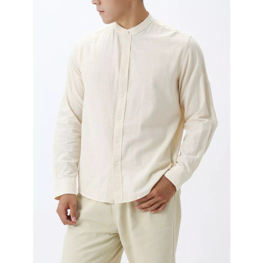 Men’s Casual Mandarin Collar Long Sleeve Shirt Light Apricot / M Apparel and Accessories