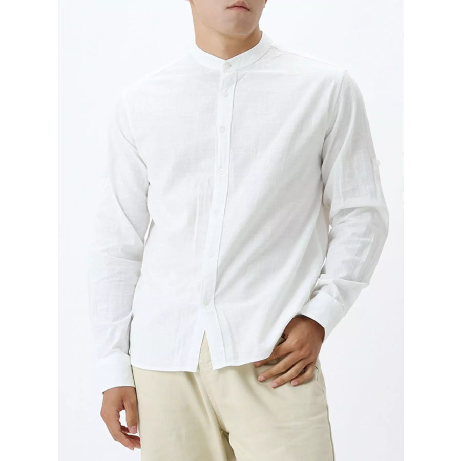 Men’s Casual Mandarin Collar Long Sleeve Shirt White / M Apparel and Accessories