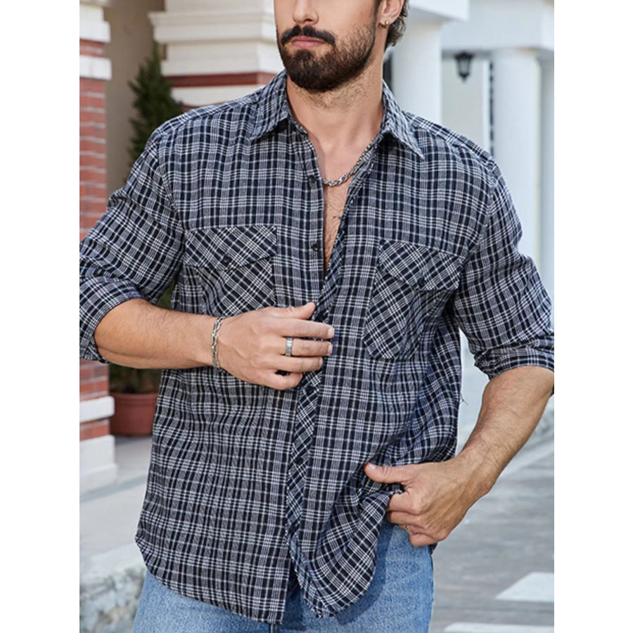 Men’s Casual Plaid Long Sleeve Shirt Black / S Apparel and Accessories
