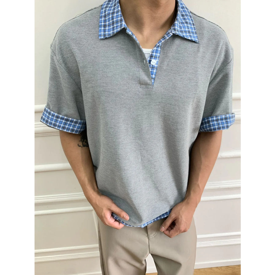 Men’s Casual Polo Shirt with Plaid Collar Gray / M Apparel and Accessories