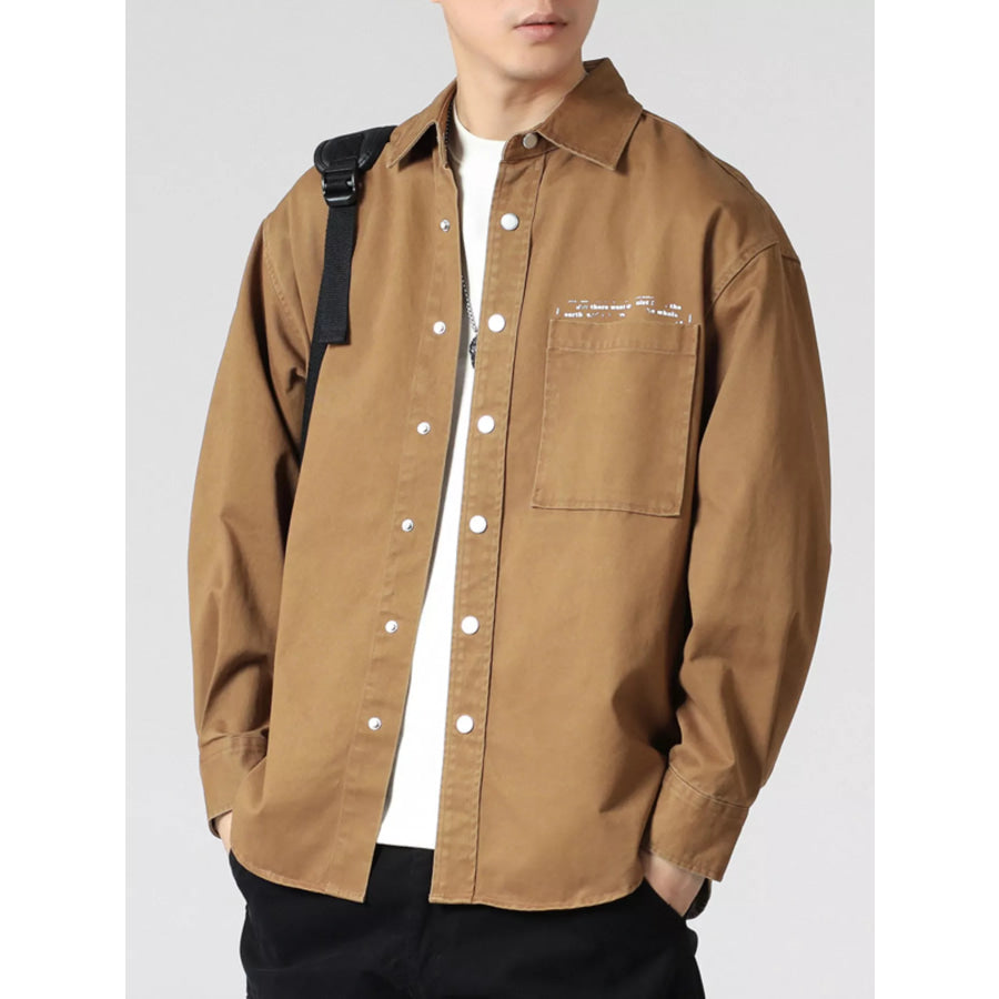 Men’s Casual Solid Color Long Sleeve Snap-Down Shirt Brown / M Apparel and Accessories