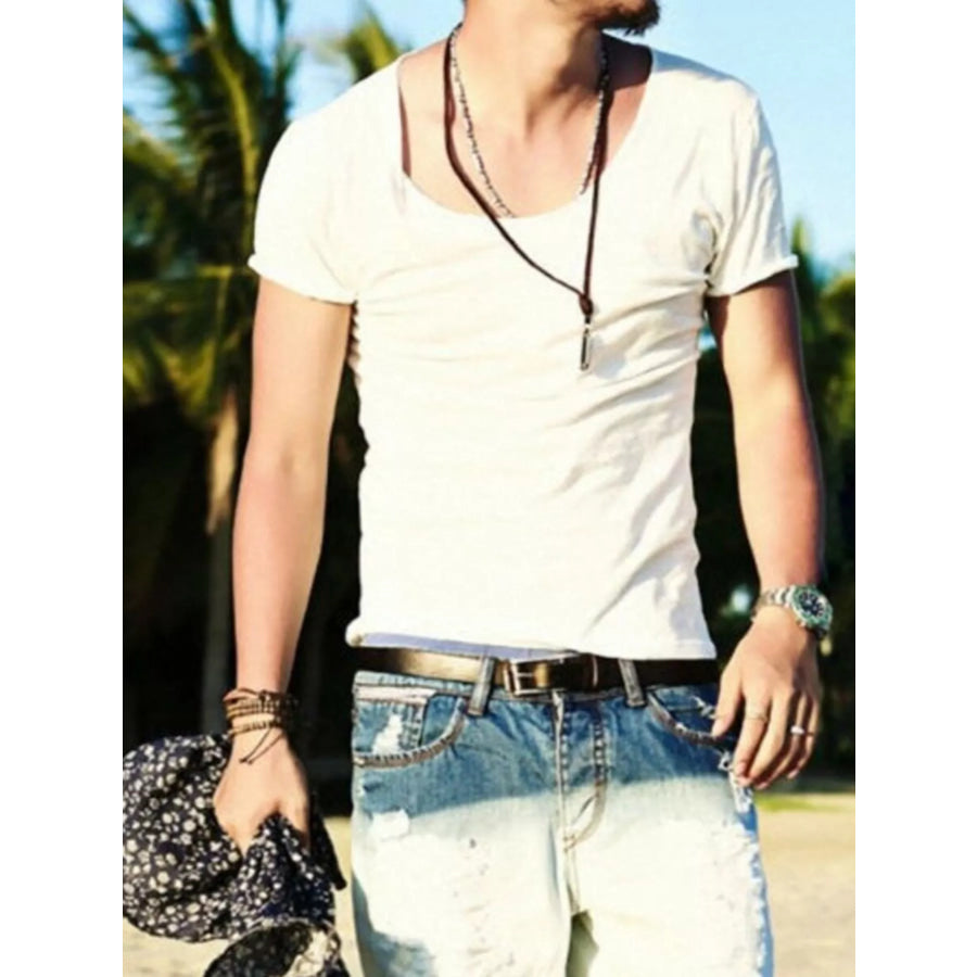 Men’s Casual Solid Color Short Sleeve T-Shirt Beige White / S Apparel and Accessories